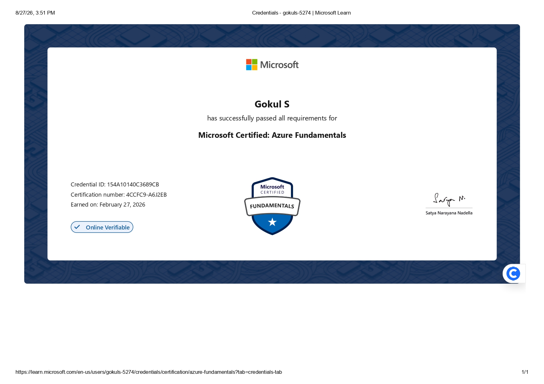 Microsoft Azure Fundamentals Certificate